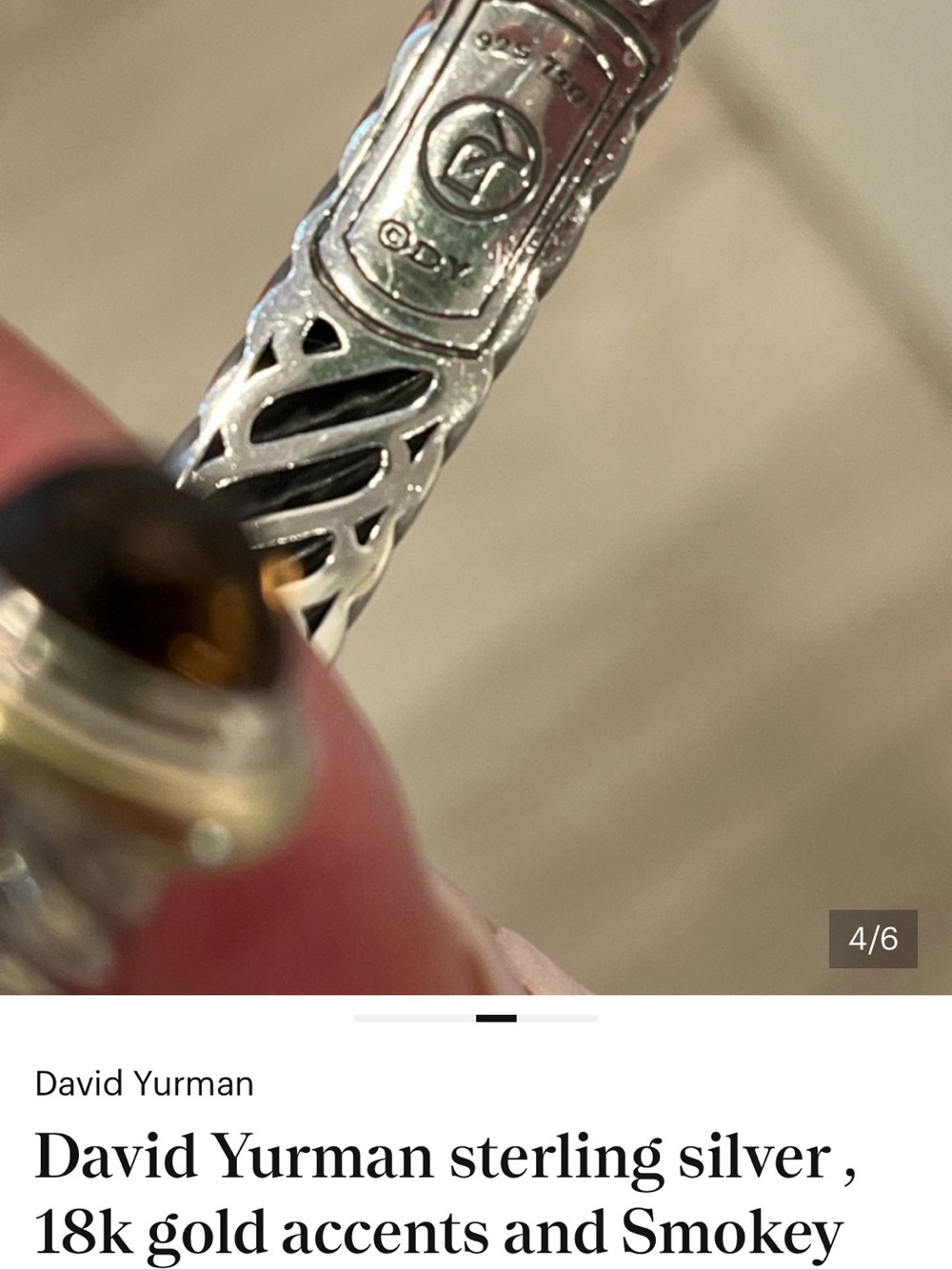 David Yurman Sterling Silver & 18k Gold Cable Cuff Bracelet with Smoky Quartz - Picture 4 of 6